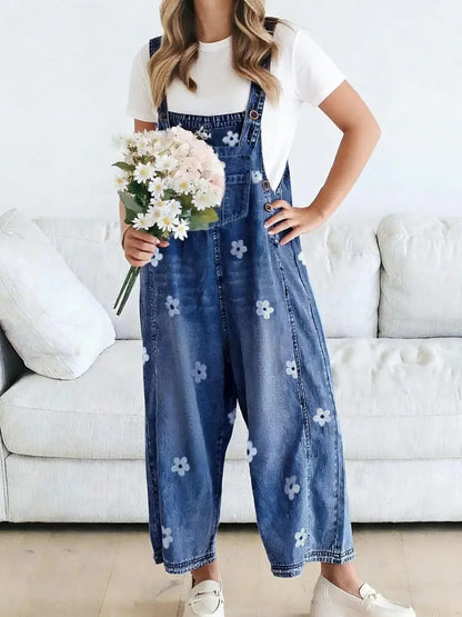 Women Floral Printed Adjustable Strap Denim Bib Overall Wide Leg Jeans Casual Baggy Overalls Jumpsuit