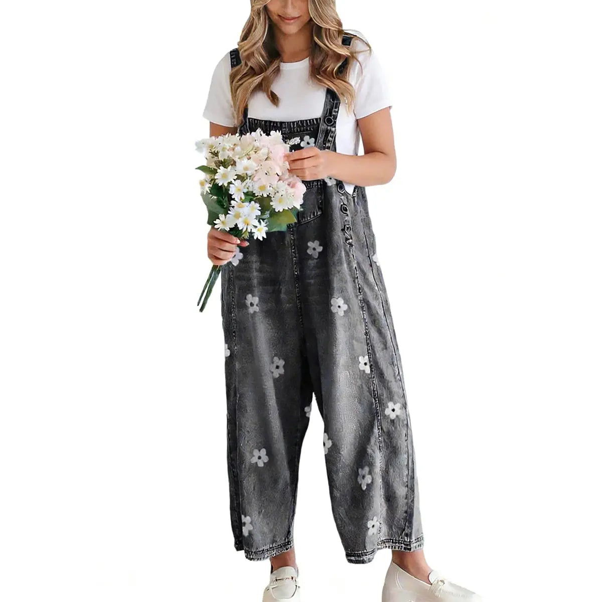 Women Floral Printed Adjustable Strap Denim Bib Overall Wide Leg Jeans Casual Baggy Overalls Jumpsuit