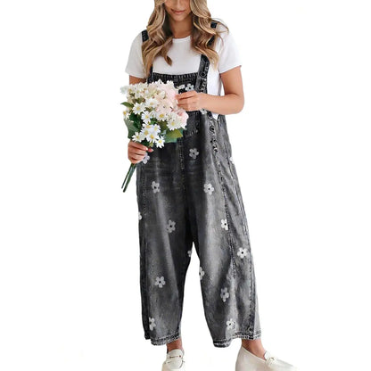 Women Floral Printed Adjustable Strap Denim Bib Overall Wide Leg Jeans Casual Baggy Overalls Jumpsuit