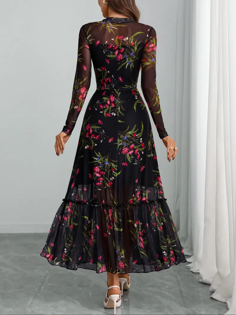 Floral Mesh Long Sleeve Midi Dress