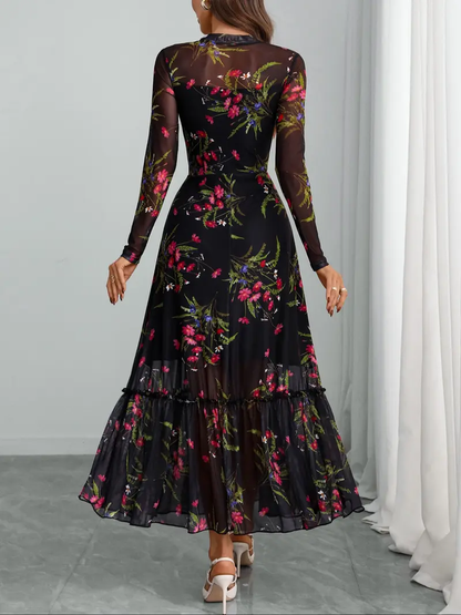 Floral Mesh Long Sleeve Midi Dress