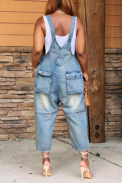 2026 Fashion Casual Designer Style Denim Suspender Jumpsuit