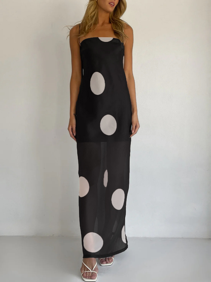 Women's Polka Dot Sheer Overlay Maxi Slip Dress
