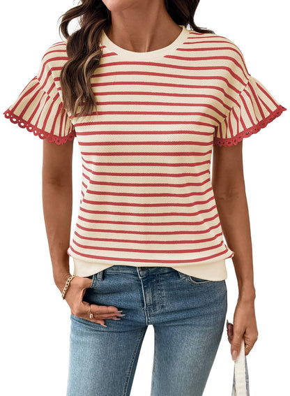 HOT SALE Women's Knit Striped Color Block Ruffled Short Sleeve Top（buy 2 free shipping）