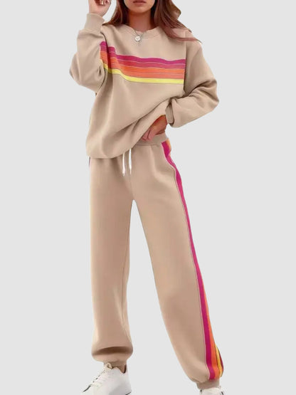 Women Retro Rainbow Stripe 2 Piece Sweat Loungewear Set