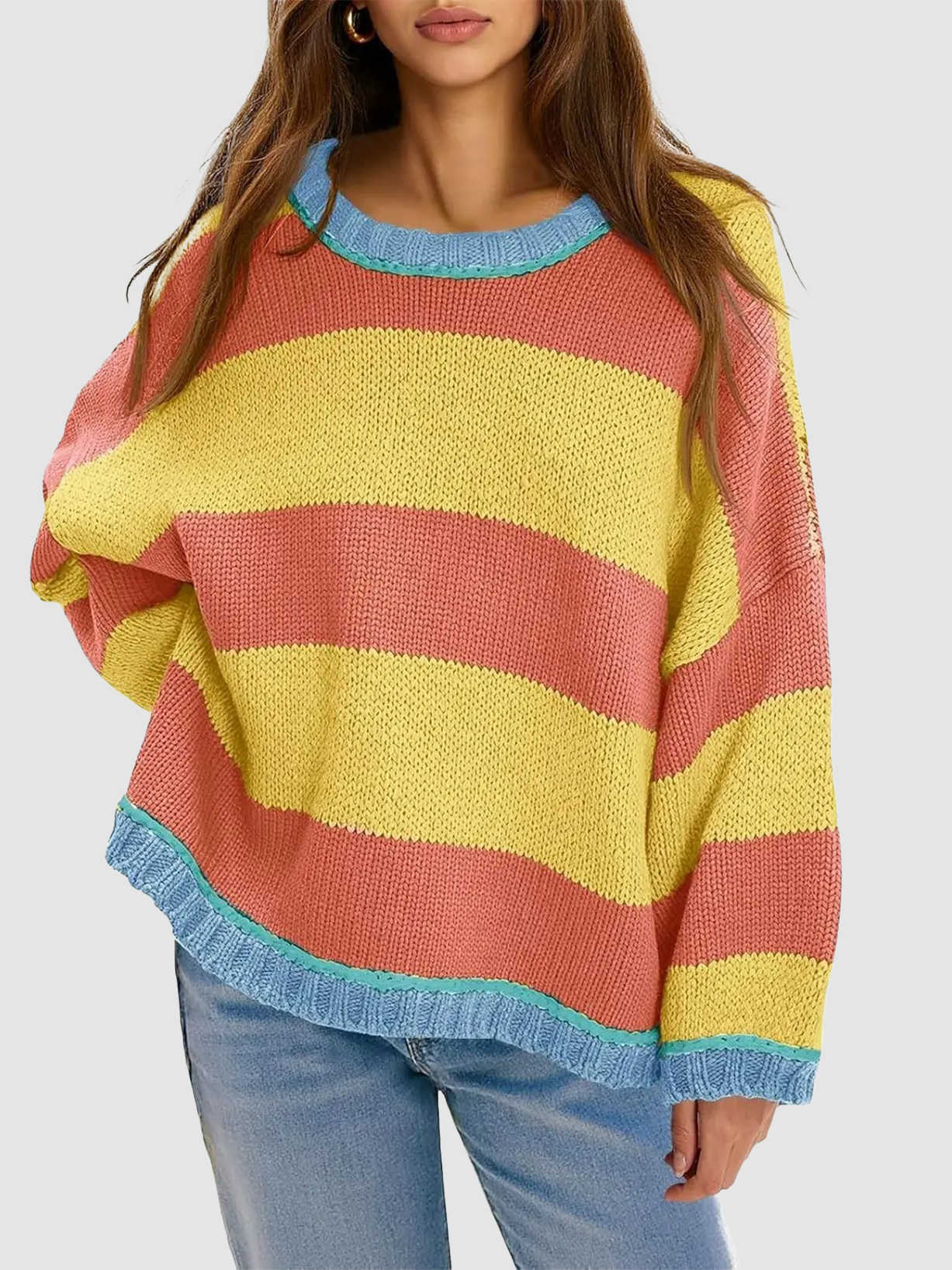 Oversized Round Neck Color Block Stripe Knit Sweater