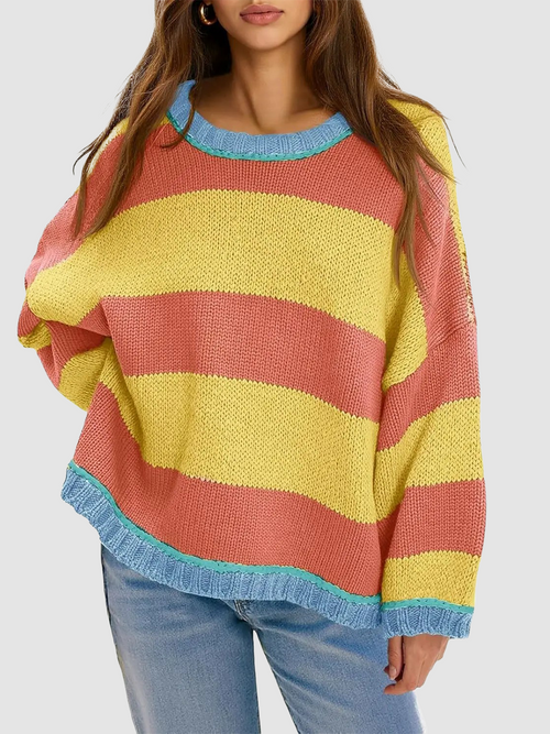 Oversized Round Neck Color Block Stripe Knit Sweater
