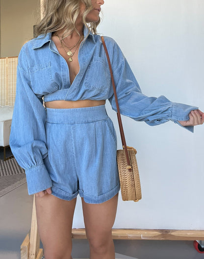 Hot Sale Denim Crop Shirt and Shorts Set