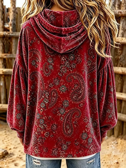 Hot Sale-Women Vintage Paisley Print Velvet Hoodie Top