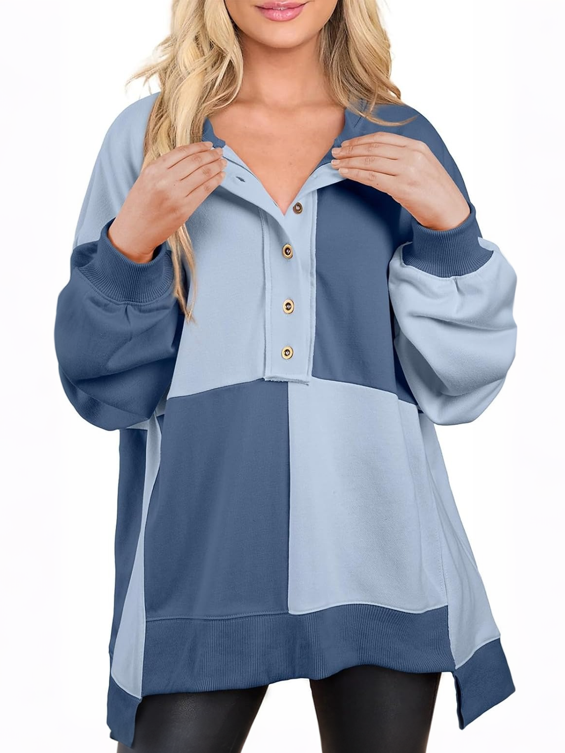 Women's Color Block Henley Oversized Sweatshirt