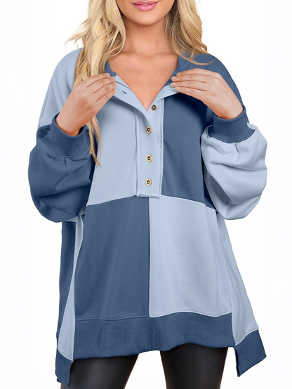 Women's Color Block Henley Oversized Sweatshirt