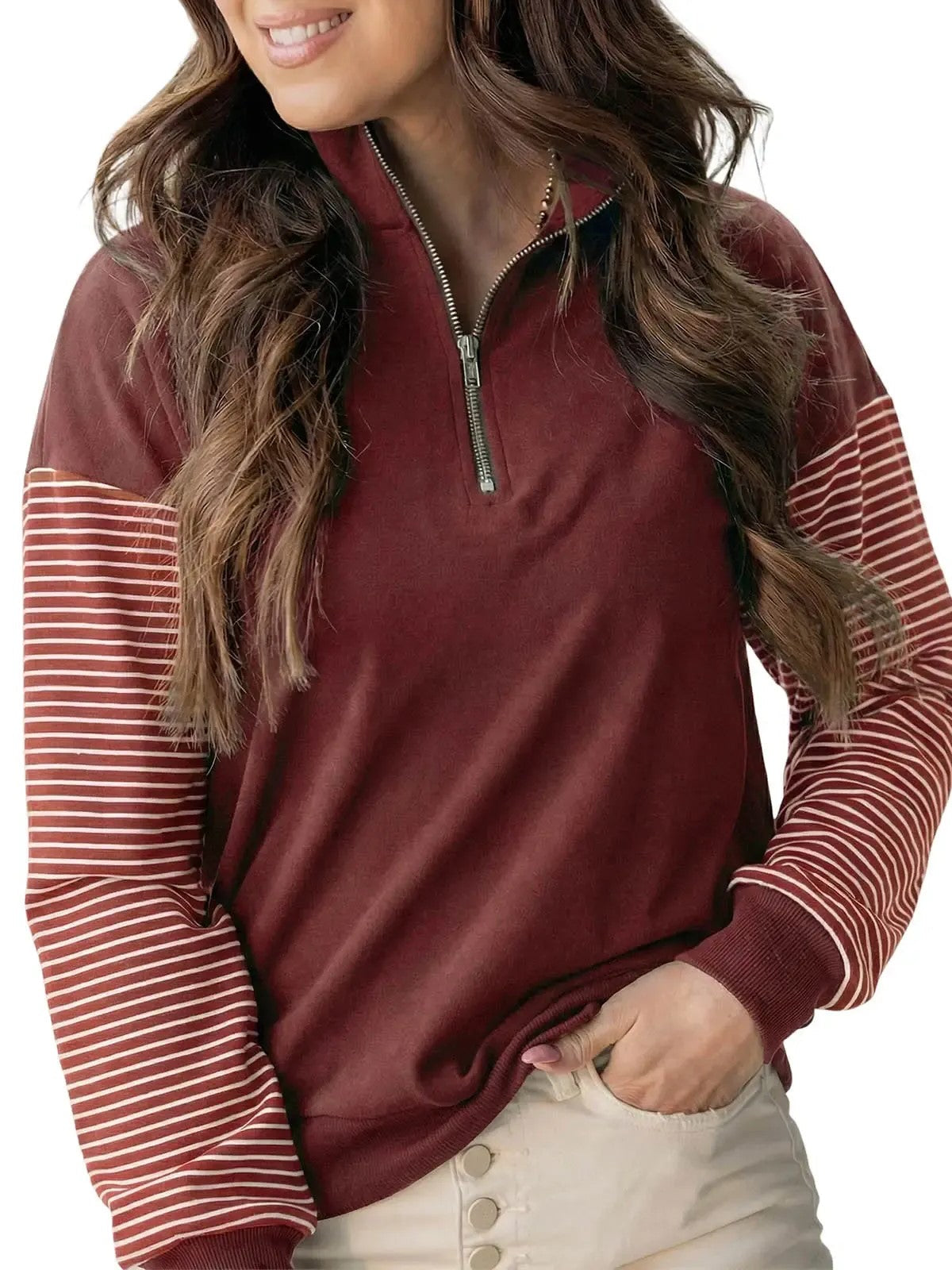 Women's Color Block Half Zip Striped Raglan Sweatshirt