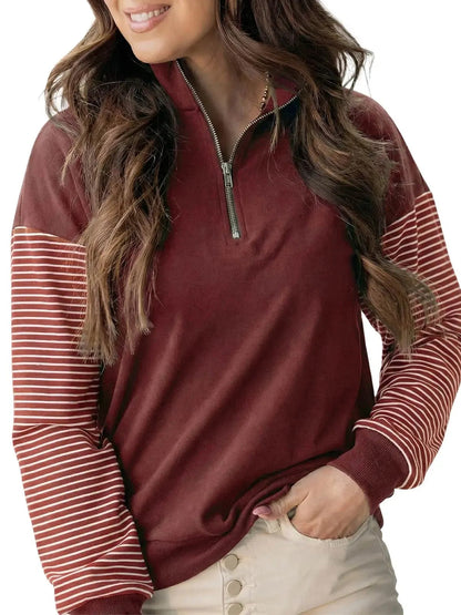 Women's Color Block Half Zip Striped Raglan Sweatshirt