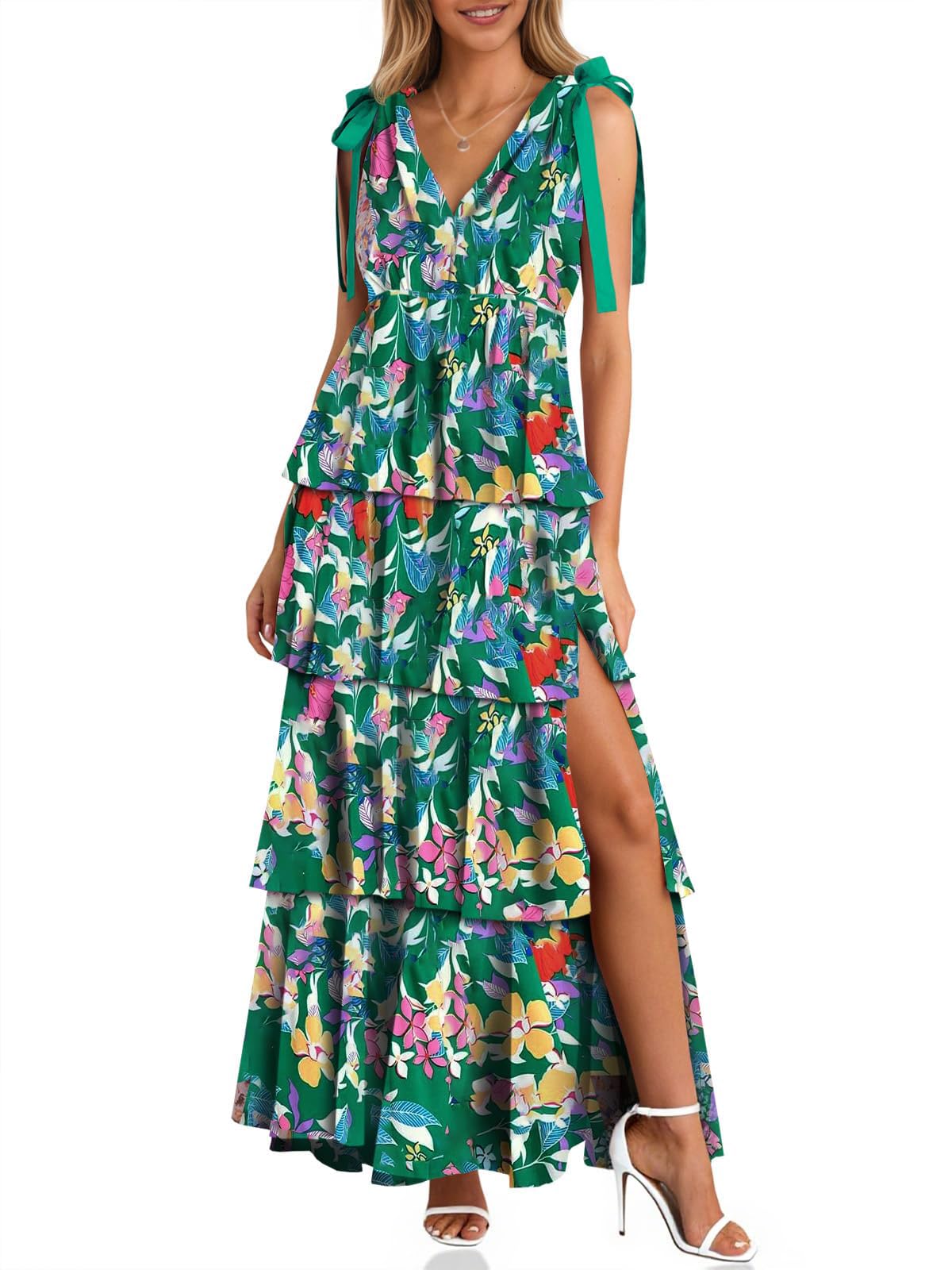 🔥Hot Sale--Women's Boho Floral Tie Strap V Neck Ruffle Tiered Maxi Dress