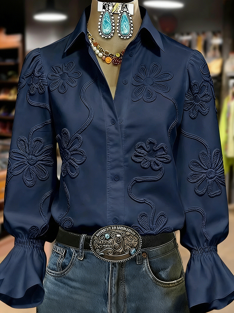 Elegant Textured Flower Bell Sleeve Button Up Blouse(BUY 2 FREE SHIPPING)