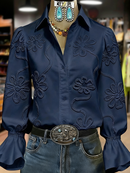 Elegant Textured Flower Bell Sleeve Button Up Blouse(BUY 2 FREE SHIPPING)