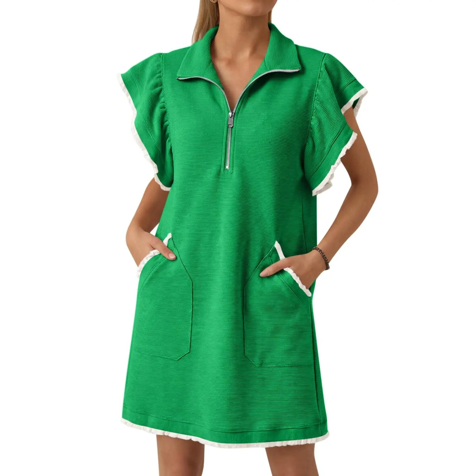 Womens Ruffle Sleeve Sweatshirt Dress Summer Oversized Zipper V Neck Mini Dresses