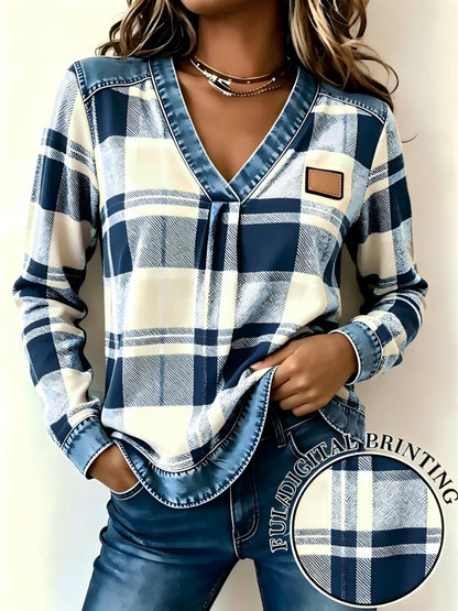 New Spring Fall Women's Fake Denim Patchwork Print V Neck Top