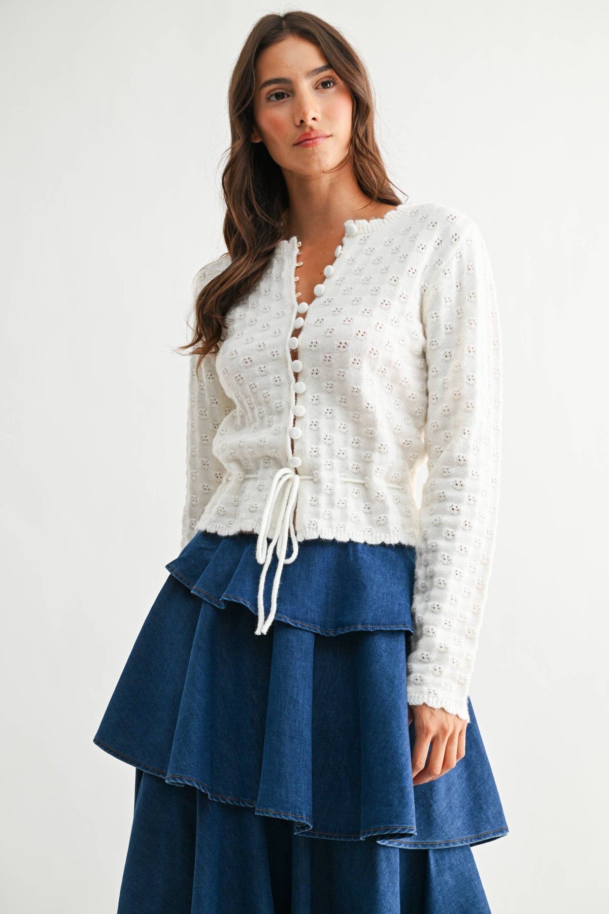 Women's Hollow Out Crochet Cardigan, V Neck Tie Front Long Sleeve Knit Crop Top