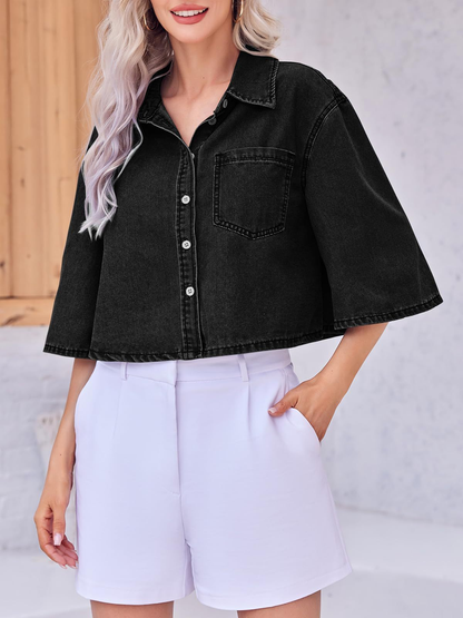 Women's Cropped Oversized Short Sleeve Denim Shirt