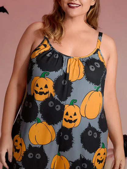 Plus-size pumpkin print wide-leg jumpsuit