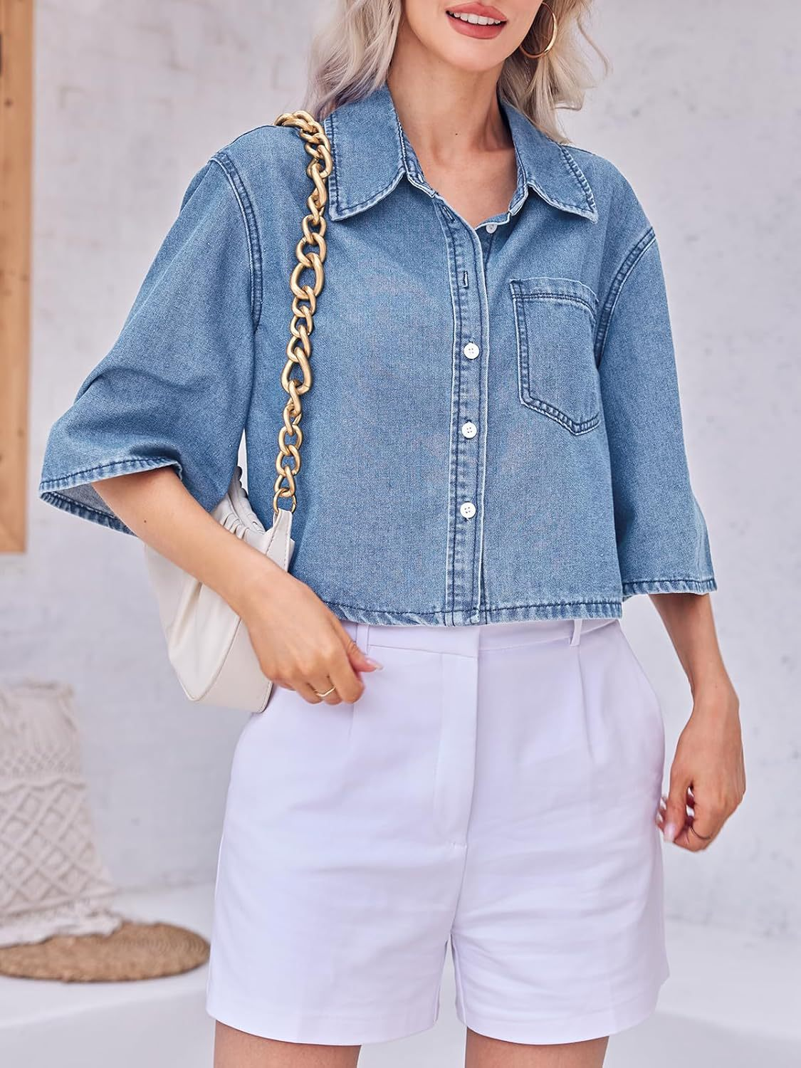 Women's Cropped Oversized Short Sleeve Denim Shirt