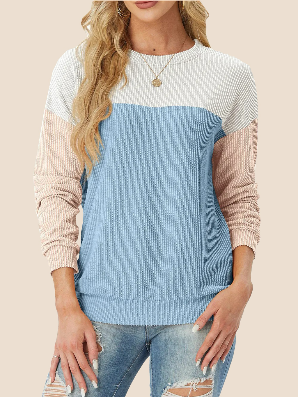 Women's Crewneck Color Block Ribbed Tops (Buy 2 Free Shipping)