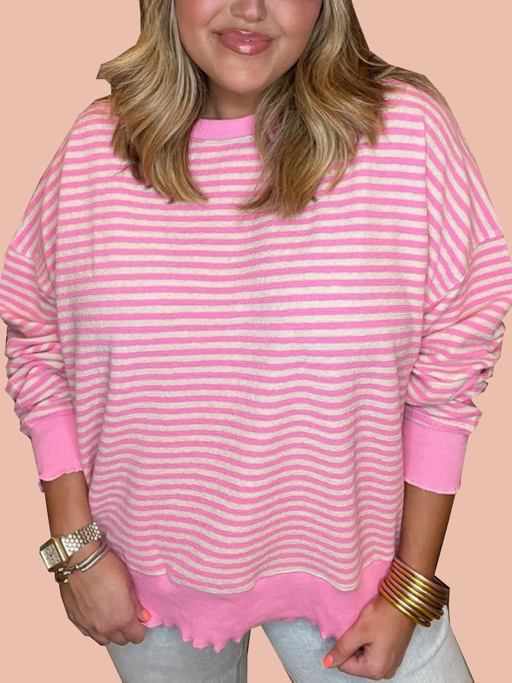 Women's Casual Lettuce Edge Striped Pullover (Buy 2 Free Shipping)