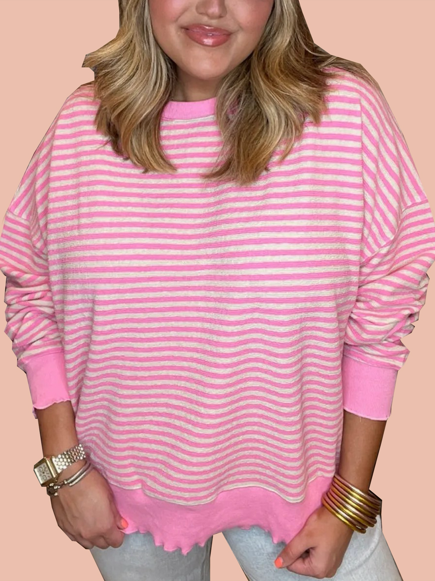Women's Casual Lettuce Edge Striped Pullover (Buy 2 Free Shipping)