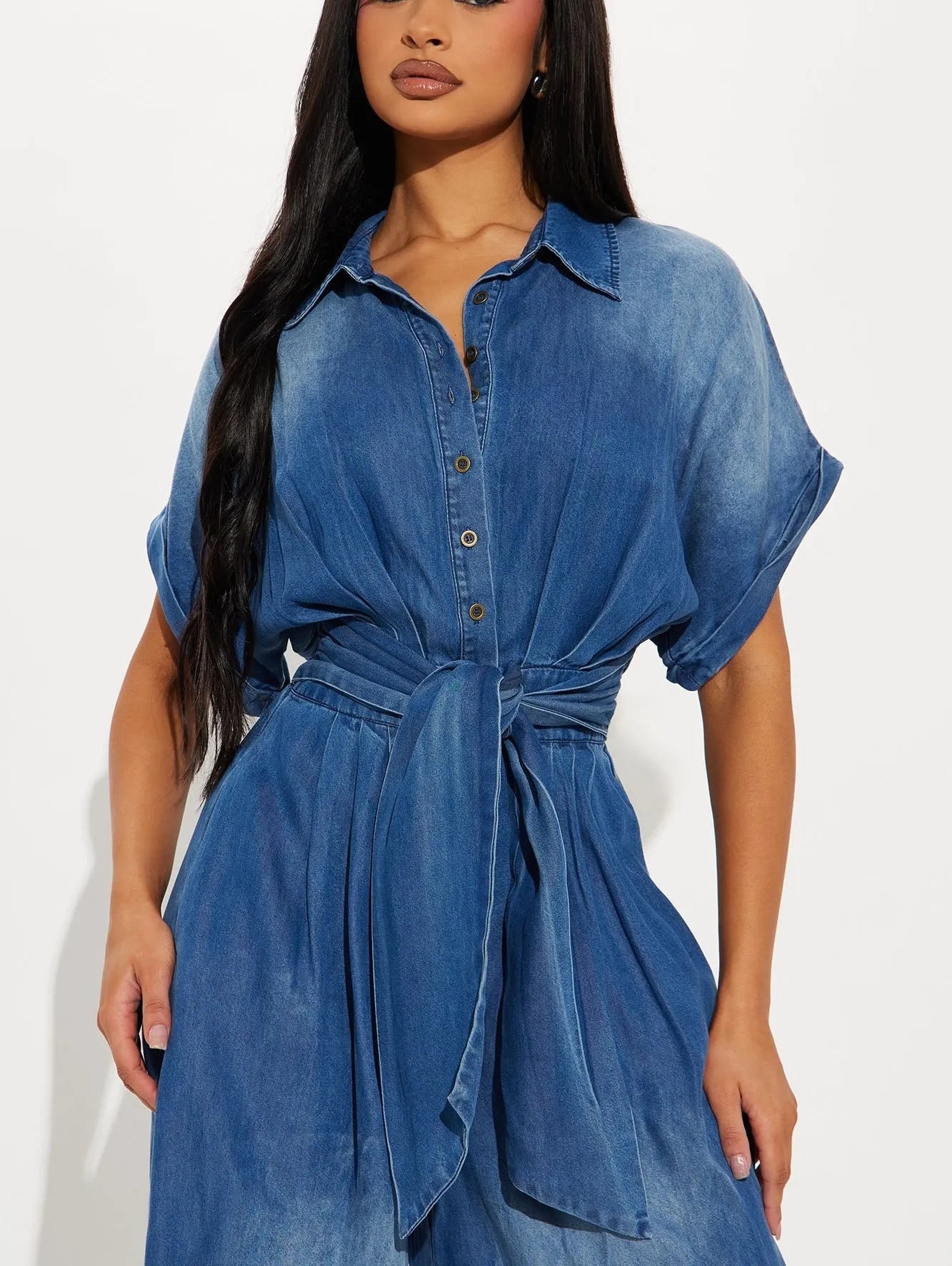 Casual Bat Sleeve Tie-Waist Tencel Denim Wide-Leg Jumpsuit
