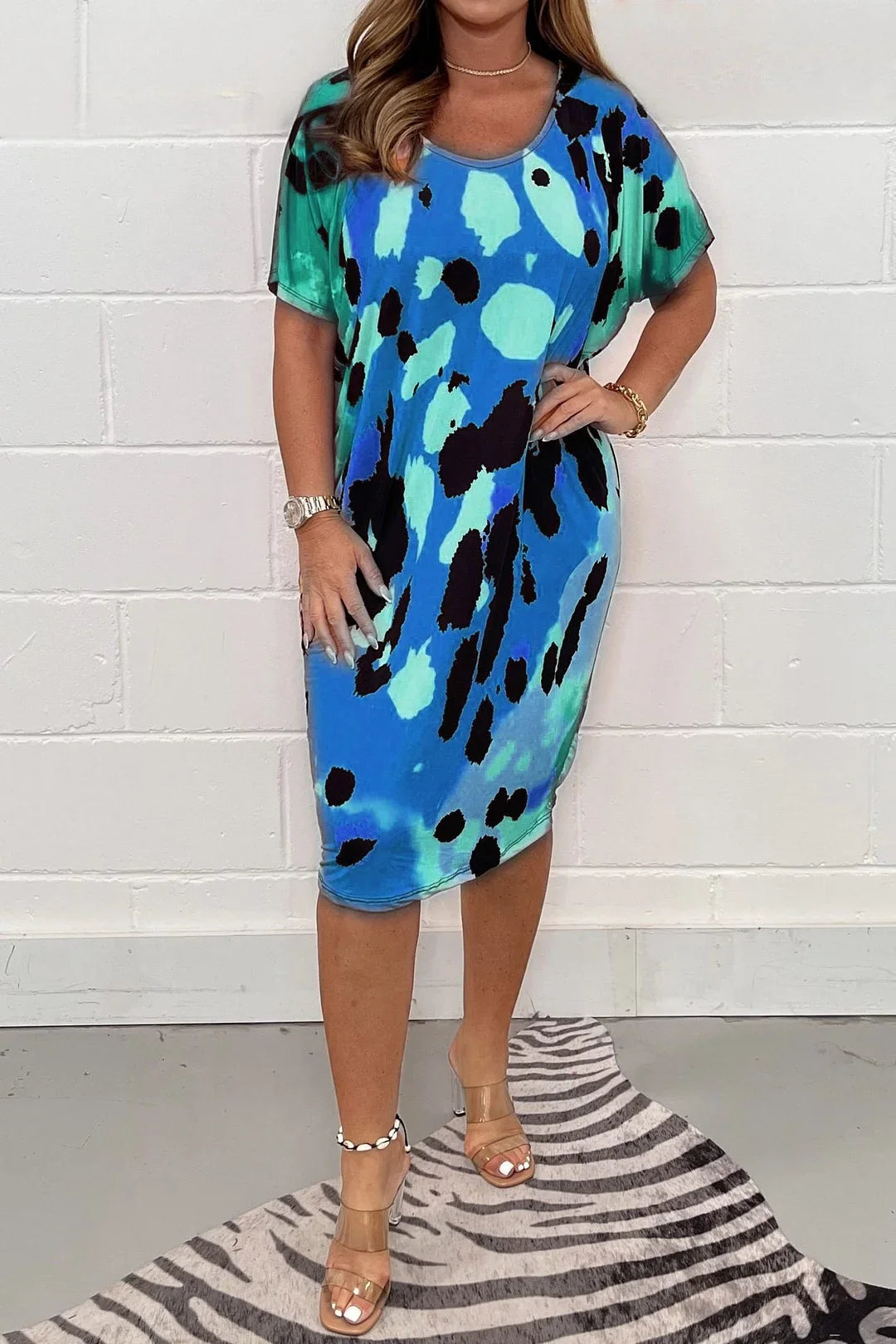 Women's printed round-neck multi-colored dress（buy 2 free shipping）