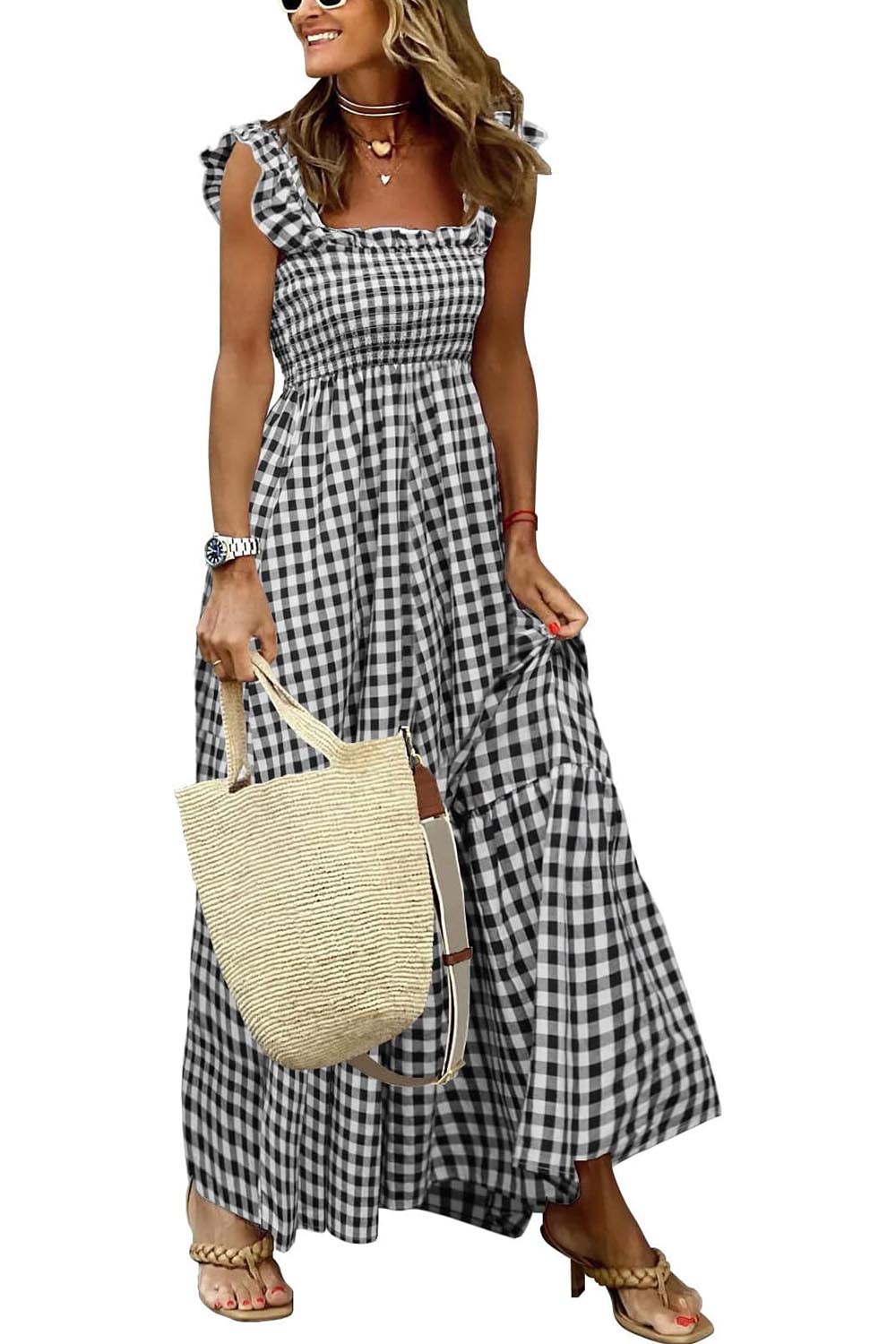 Women's Retro Plaid Smocked Dress Spaghetti Strap Flounce Long Dress