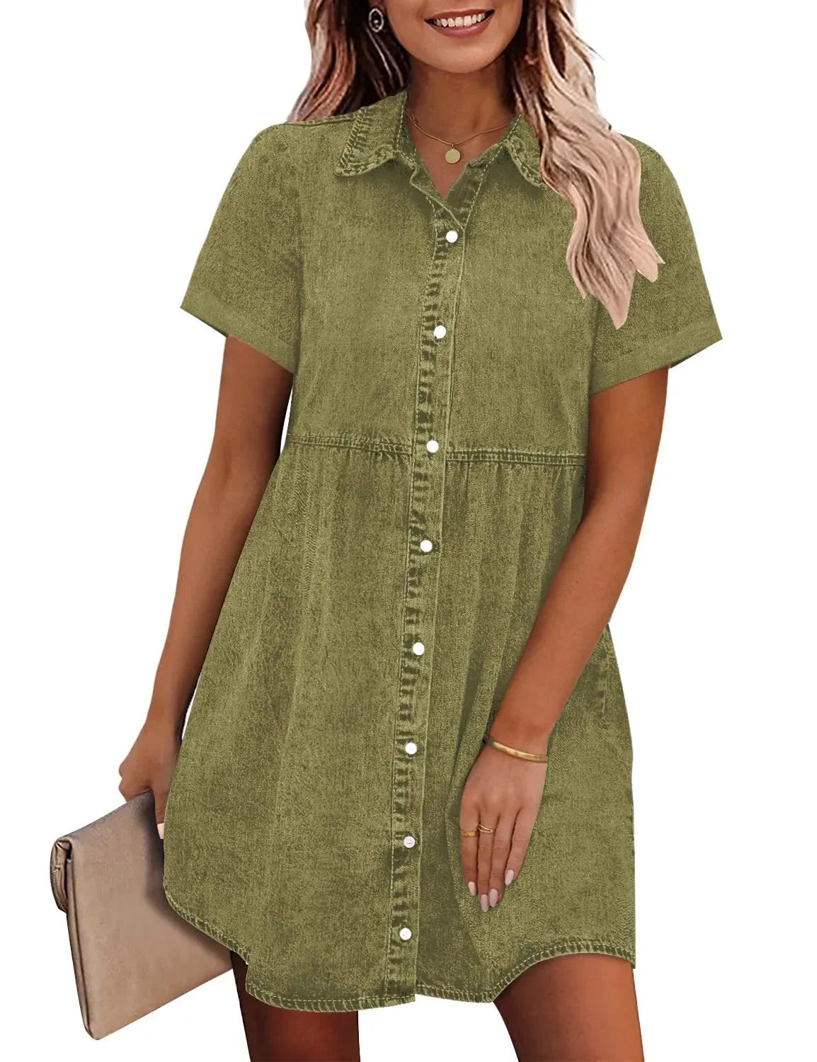 Women's Short Sleeve Button Down Flowy Tiered Babydoll Denim Dress（Buy 2 Free Shipping）