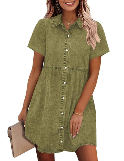 Women's Short Sleeve Button Down Flowy Tiered Babydoll Denim Dress（Buy 2 Free Shipping）