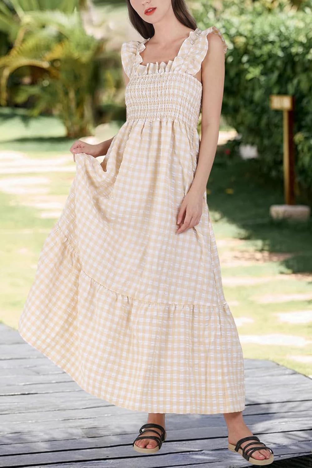 Women's Retro Plaid Smocked Dress Spaghetti Strap Flounce Long Dress