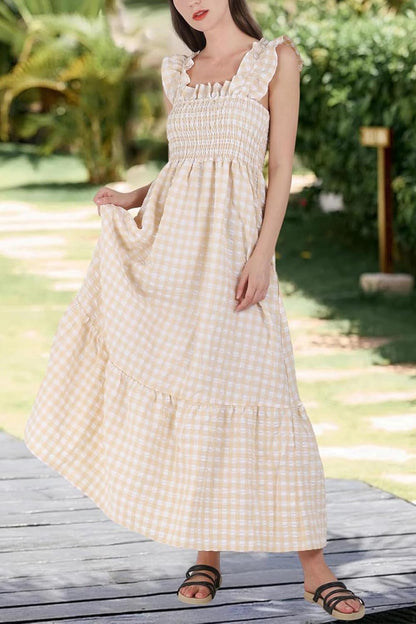 Women's Retro Plaid Smocked Dress Spaghetti Strap Flounce Long Dress