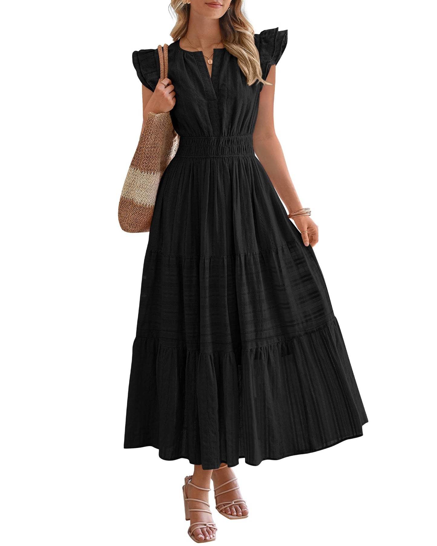 Dresses for Women Spring 2026 Maxi Casual Dress Flutter Short Sleeve V Neck(BUY 2 FREE SHIPPING)