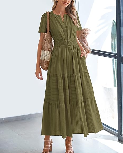 HOT SALE-Women's Lightweight Short Sleeve V Neck Elastic Waist Dresses