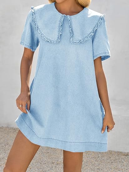 Loose Peter Pan collar short-sleeved casual denim babydoll dress（BUY 2 FREE SHIPPING)