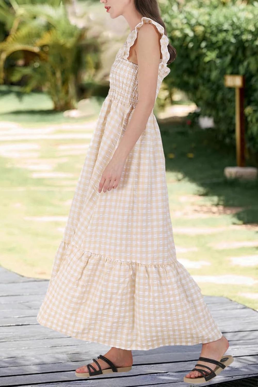 Women's Retro Plaid Smocked Dress Spaghetti Strap Flounce Long Dress