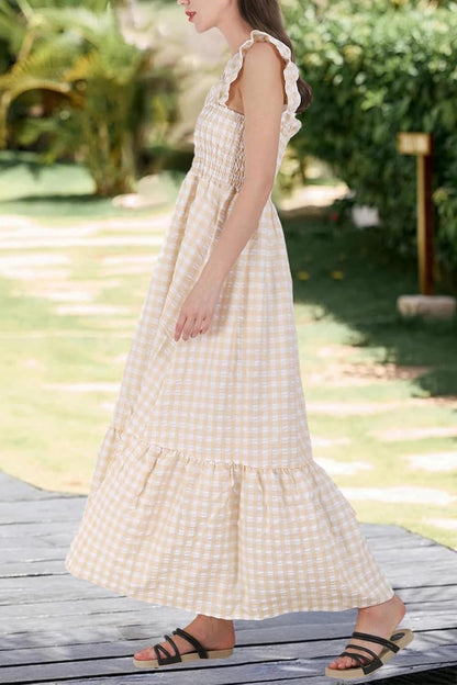 Women's Retro Plaid Smocked Dress Spaghetti Strap Flounce Long Dress