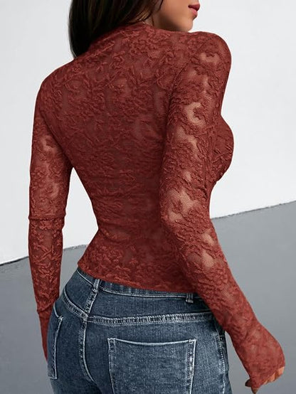 Textured Lace Mesh Long Sleeve Top