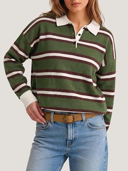 Women's Striped Polo Shirt Casual Pullover Knit Sweater