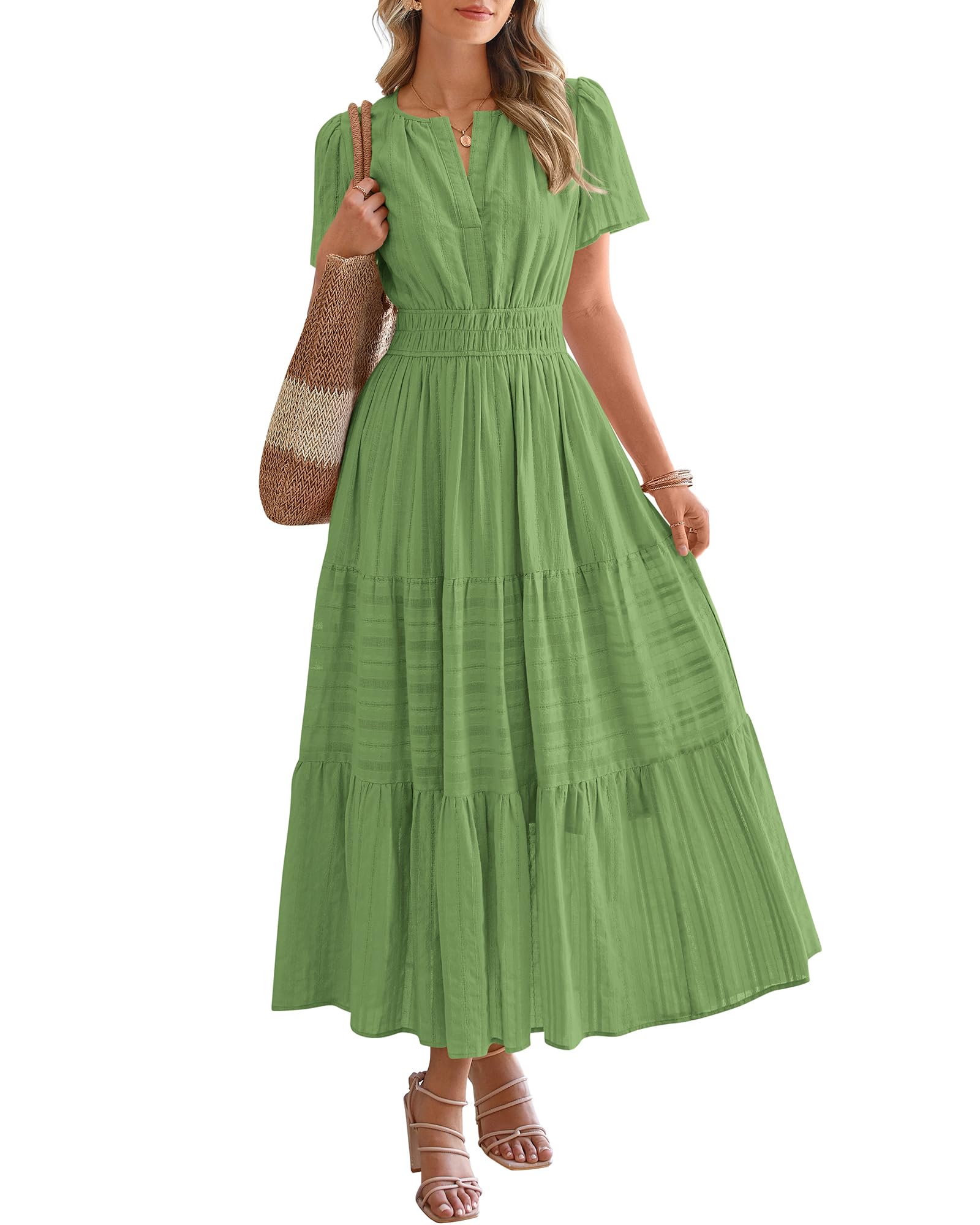 HOT SALE-Women's Lightweight Short Sleeve V Neck Elastic Waist Dresses