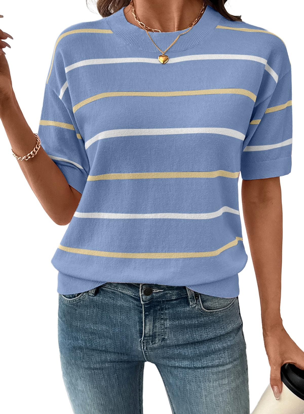 🔥🔥Womens Tops Crewneck Short Sleeve Sweater Pullover Knit Striped Shirt(BUY 2 FREE SHIPPING)