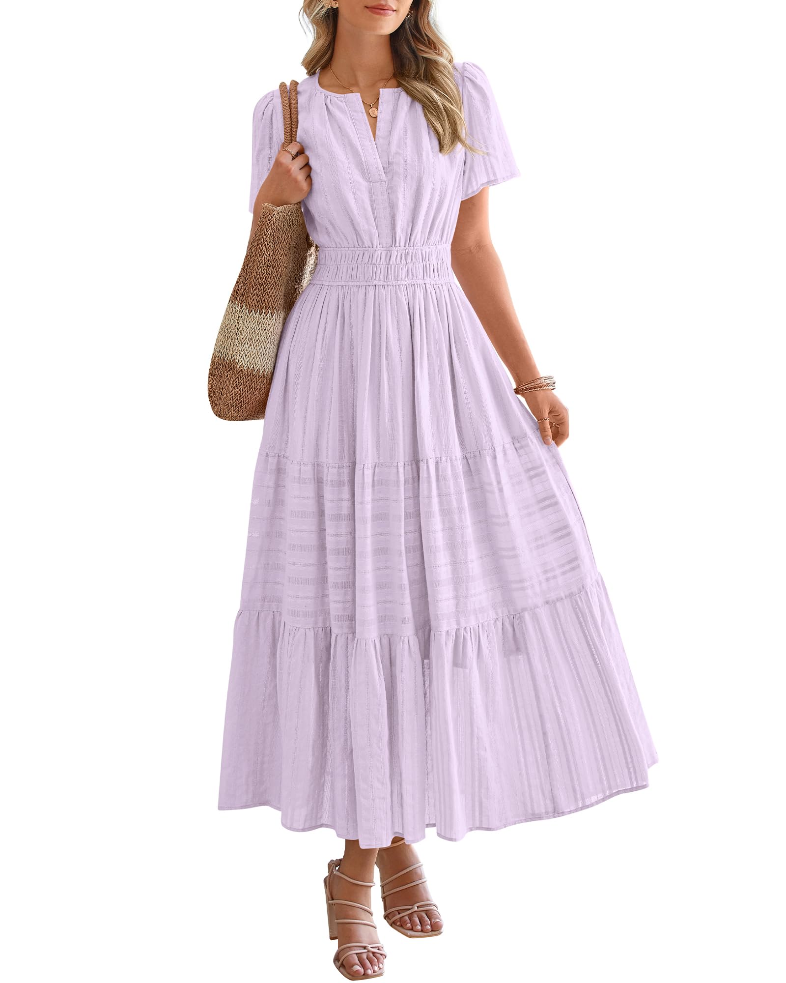 HOT SALE-Women's Lightweight Short Sleeve V Neck Elastic Waist Dresses