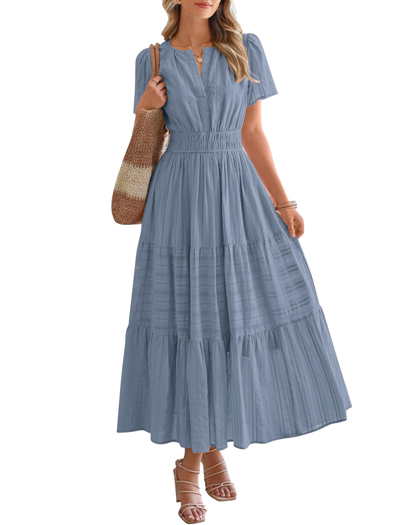 Women's Lightweight Short Sleeve V Neck Elastic Waist Dresses