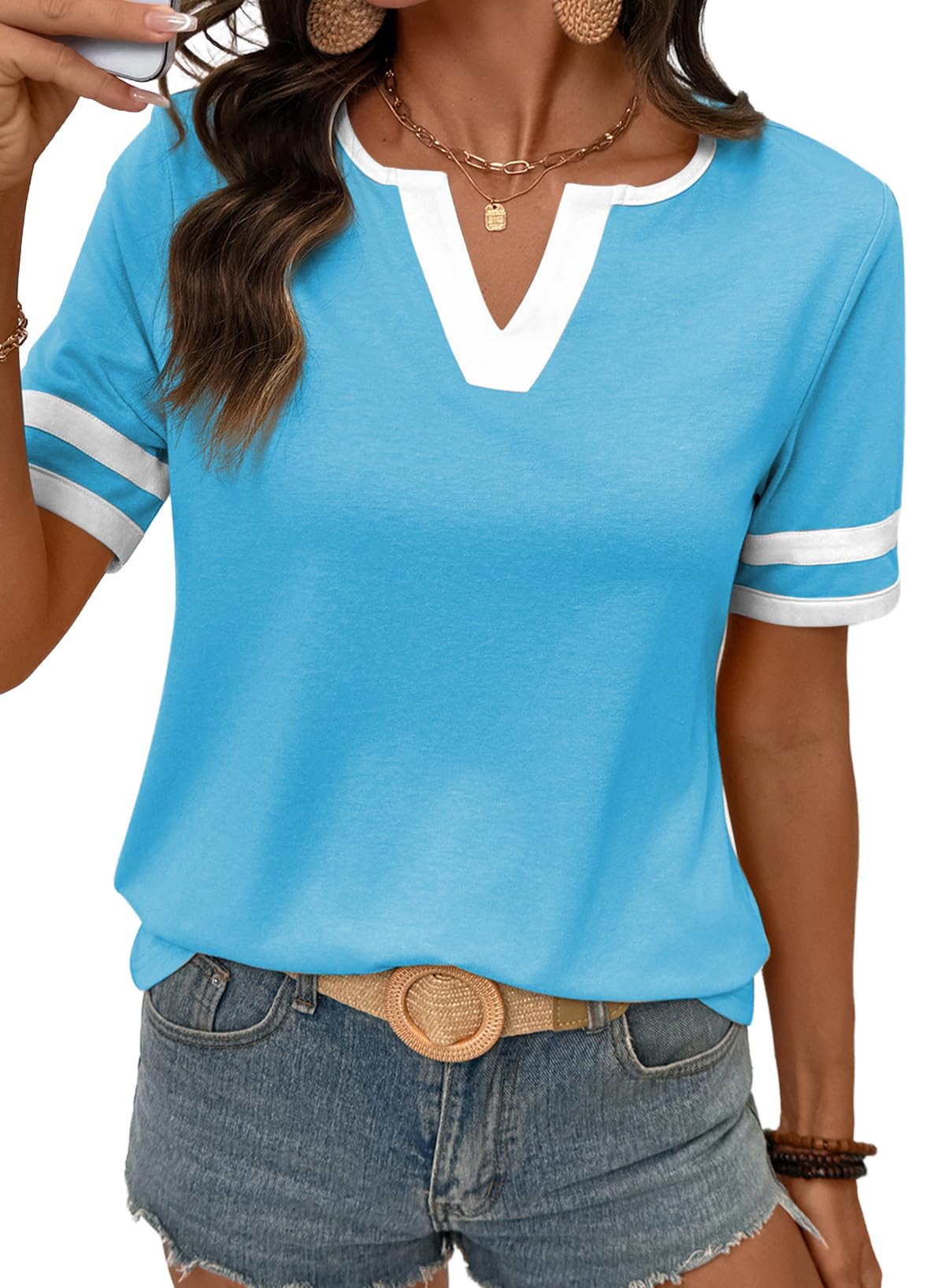 2026 Spring/Summer Women's Casual Colorblock V-Neck T-Shirt
