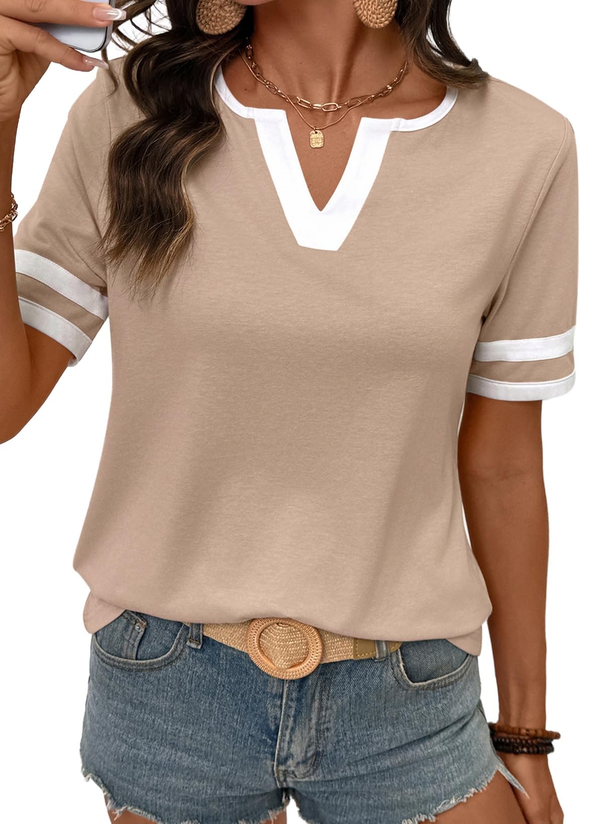 2026 Spring/Summer Women's Casual Colorblock V-Neck T-Shirt