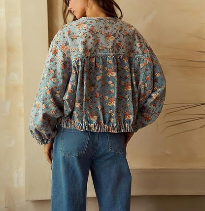 Women Spring Fall Oversized Jean Jacket Trendy Lightweight Y2K Floral Denim Bomber Jacket Coat（BUY 2 FREE SHIPPING)